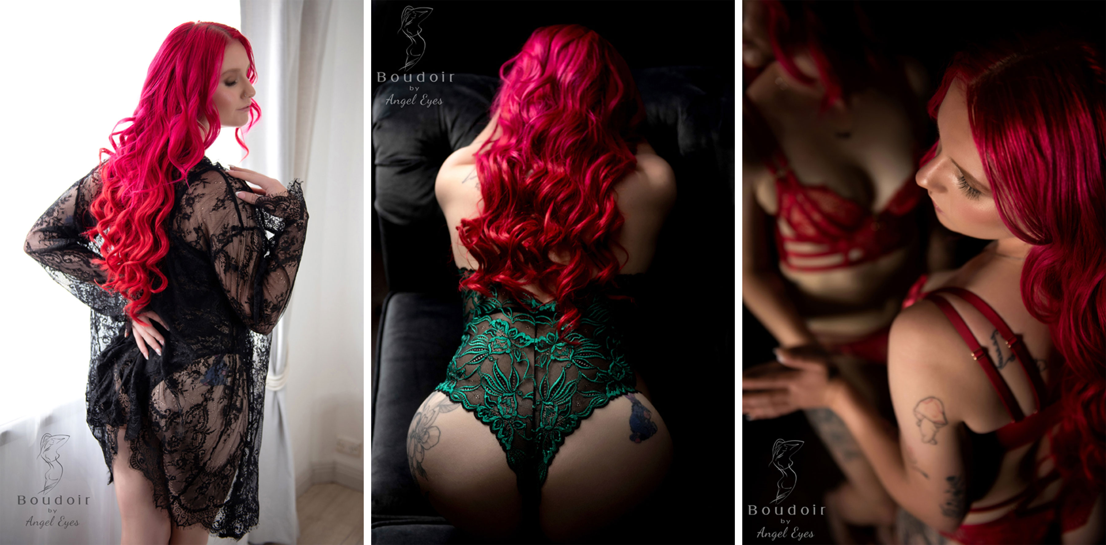 red hair pearls black lingerie bed boudoir gold coast